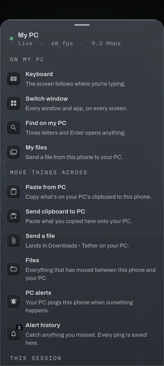 The PC Tether control sheet open over a live session.