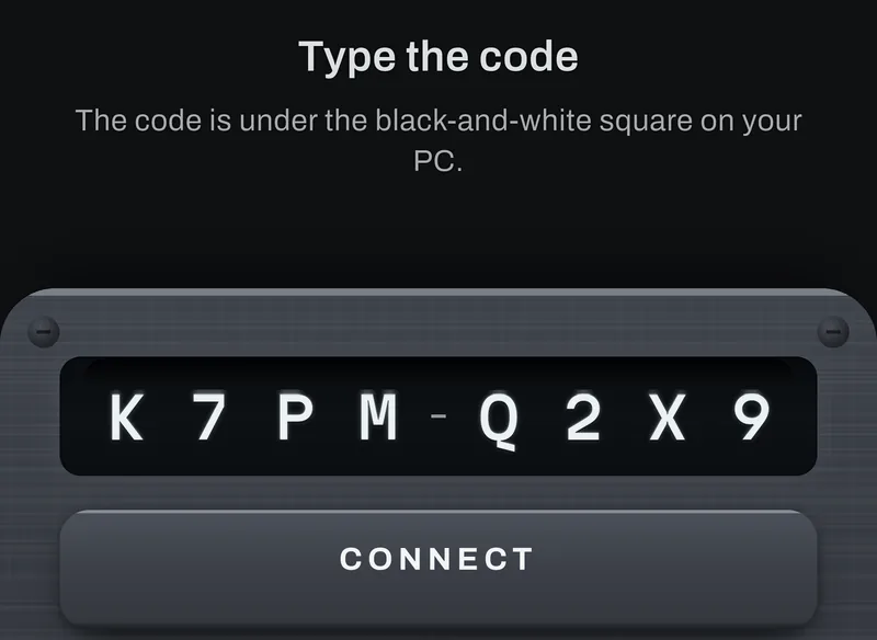 The pairing panel of the real app: Type the code, the eight-character code typed in, and Connect under it.
