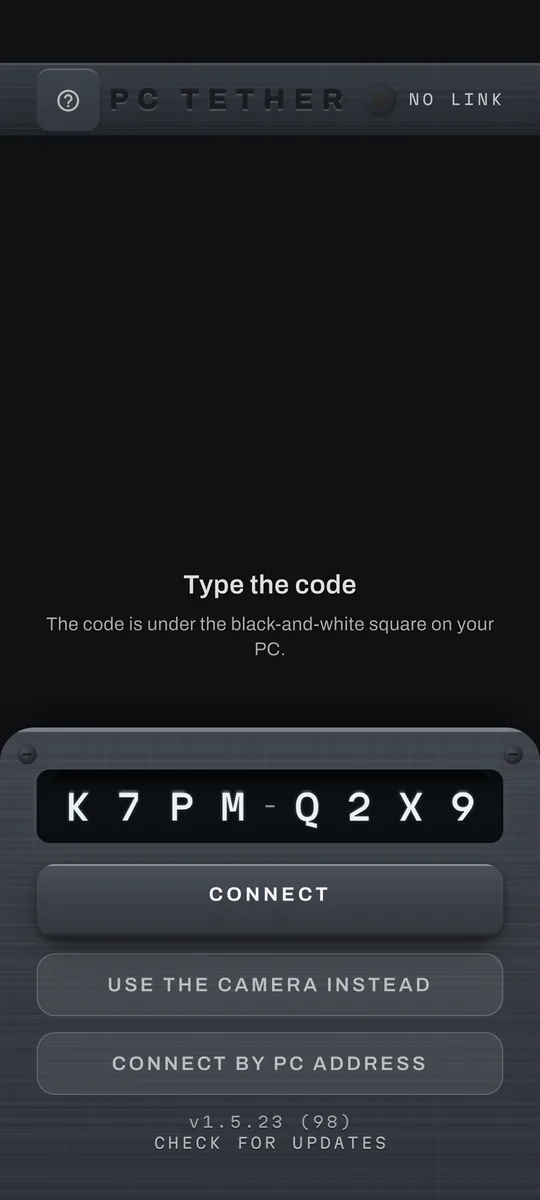 The PC Tether pairing screen with the eight-character code typed in and a Connect button under it.
