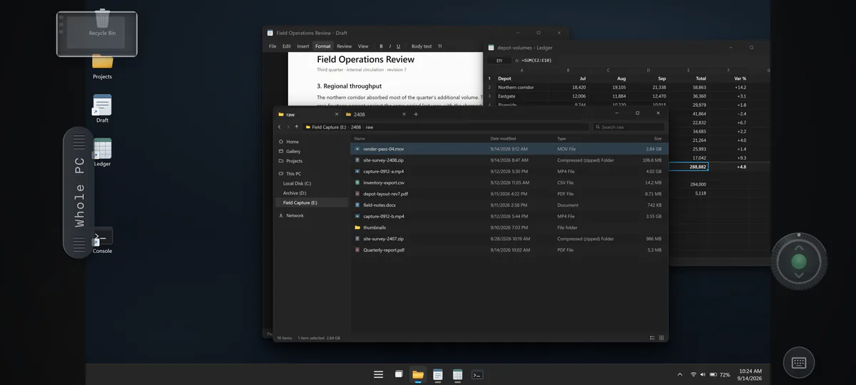A phone held sideways showing the whole Windows desktop live: a document, a spreadsheet and a file window, the Whole PC tab on the left and the dial on the right.